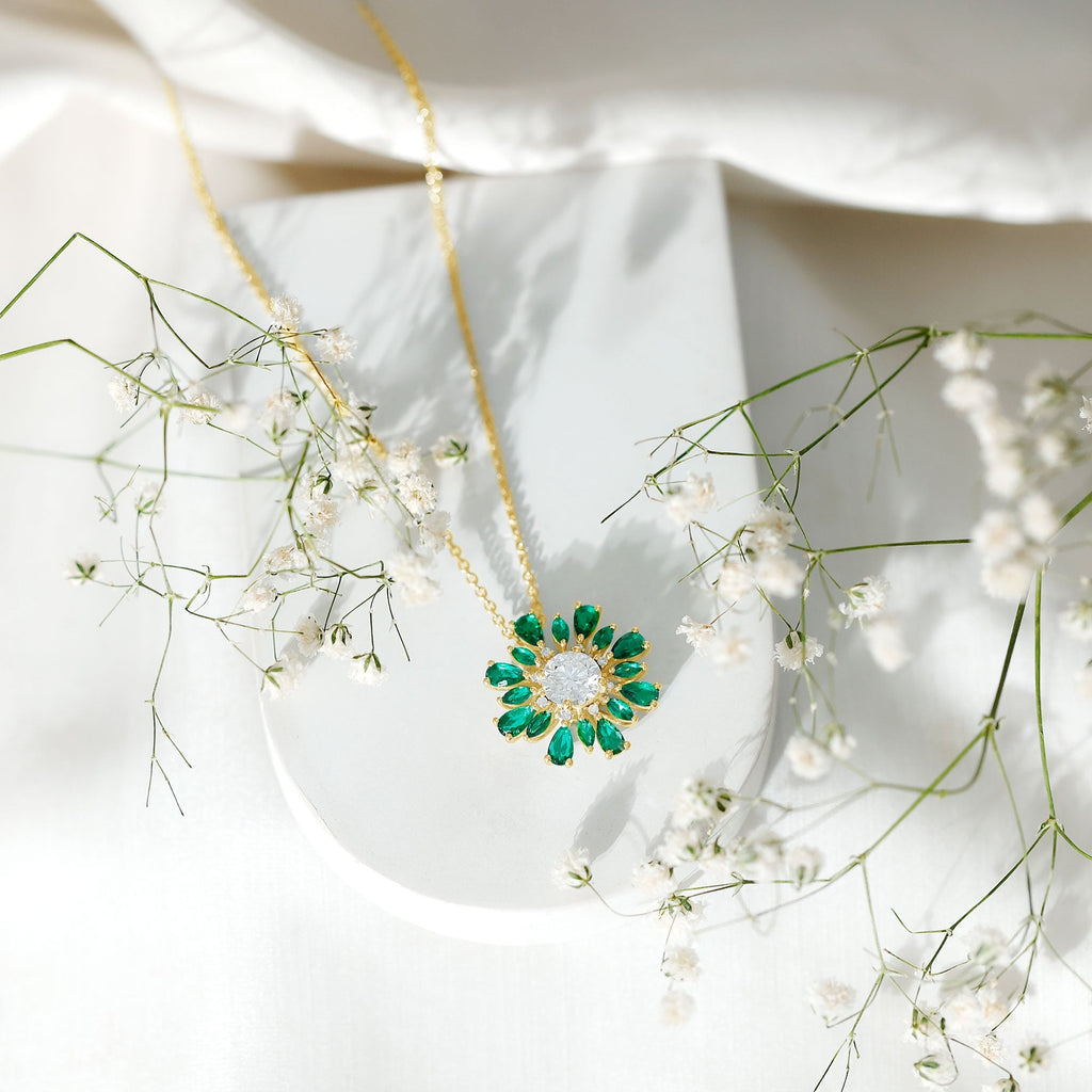 Moissanite Flower Necklace – Designer Emerald Floral Pendant With Prong Setting
