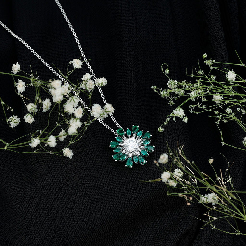 Moissanite Flower Necklace – Designer Emerald Floral Pendant With Prong Setting