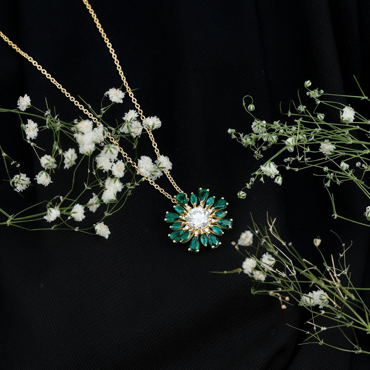 Moissanite Flower Necklace – Designer Emerald Floral Pendant With Prong Setting
