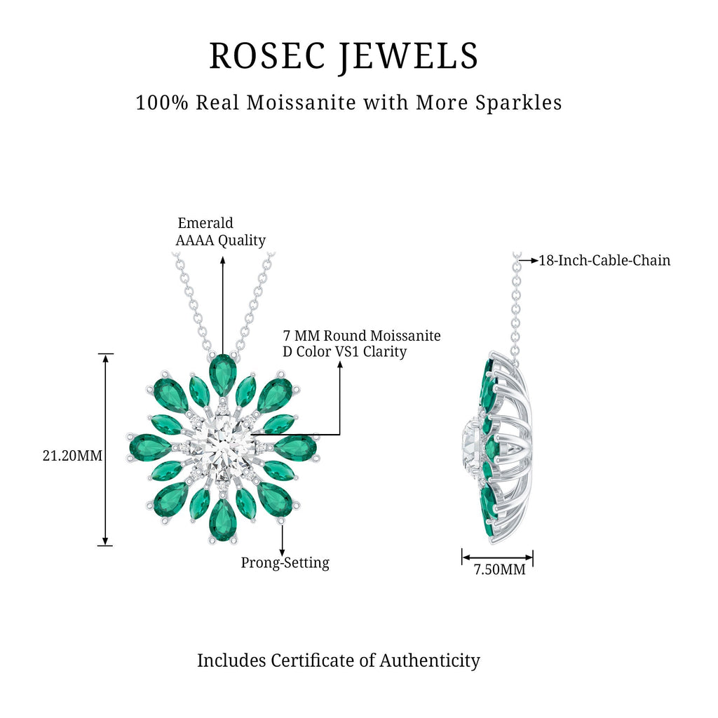 Moissanite Flower Necklace – Lab Grown Emerald Statement Pendant in 14k White Gold Silver