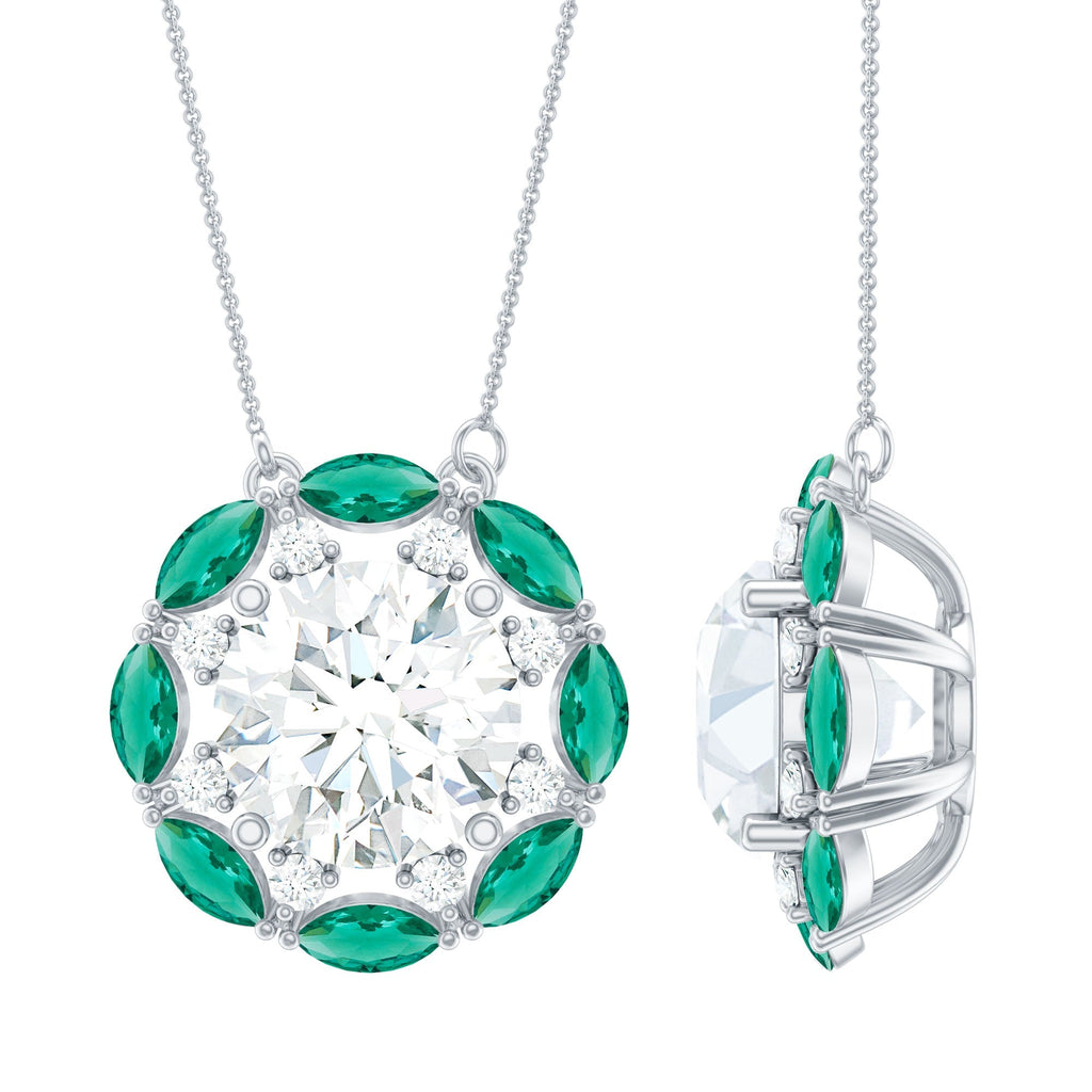 Moissanite Halo Necklace – 2 Carat Round Cut Moissanite with Marquise Cut Emeralds