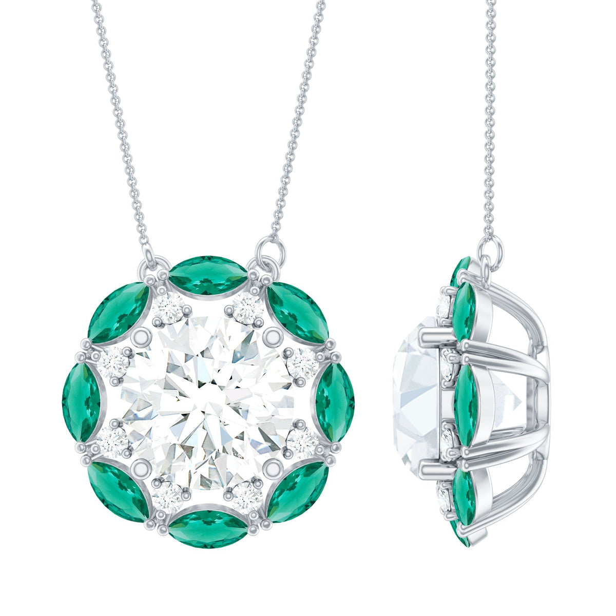 Moissanite Halo Necklace – 2 Carat Round Cut Moissanite with Marquise Cut Emeralds