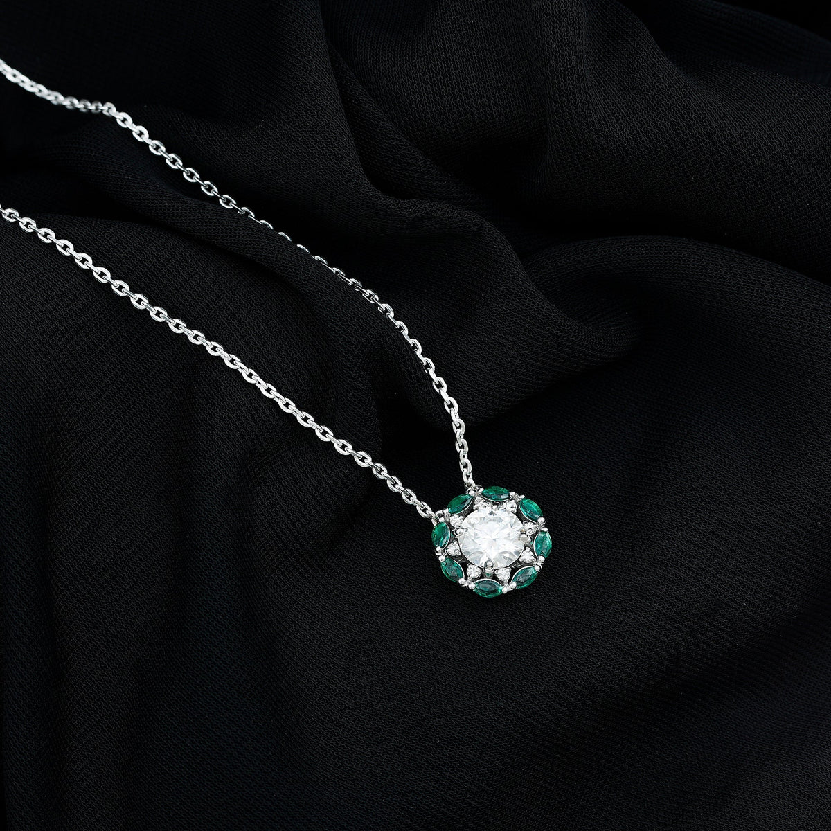 Moissanite Halo Necklace – 2 Carat Round Cut Moissanite with Marquise Cut Emeralds