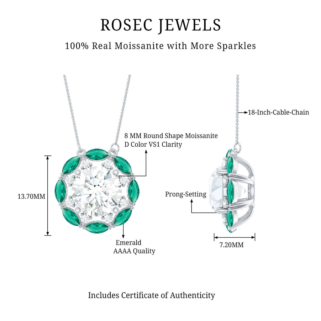 Moissanite Halo Necklace – 2 Carat Round Cut Moissanite with Marquise Cut Emeralds