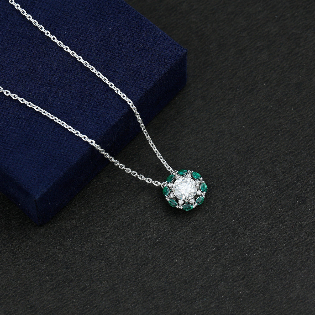 Moissanite Halo Necklace – 2 Carat Round Cut Moissanite with Marquise Cut Emeralds