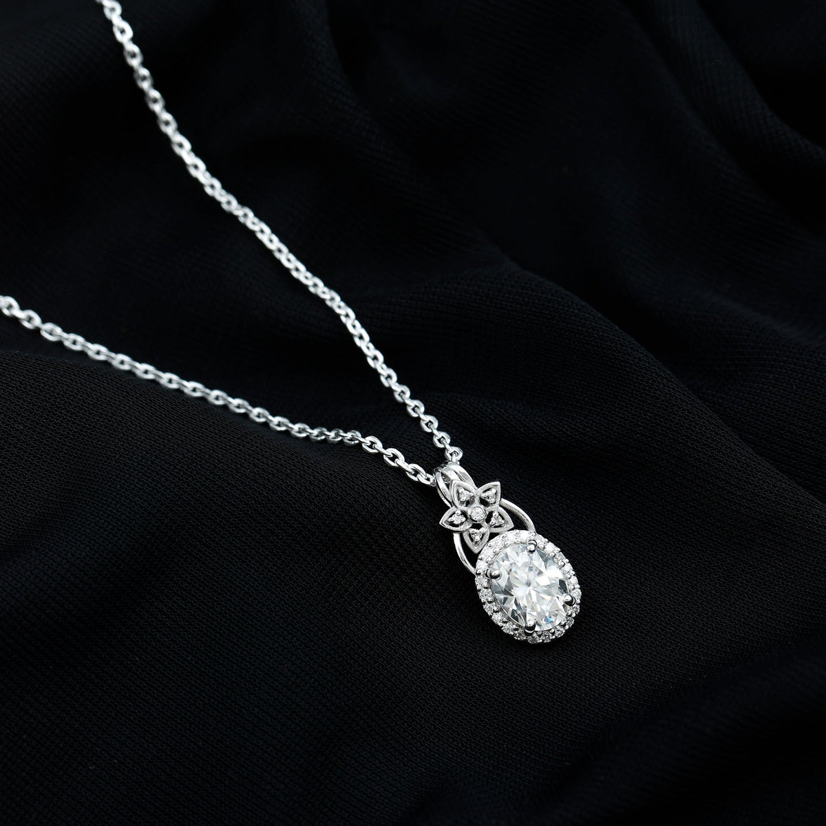 Moissanite Halo Necklace – Vintage Inspired Oval Pendant | 14k Gold Plated Silver Chain