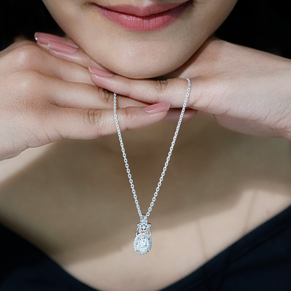 Moissanite Halo Necklace – Vintage Inspired Oval Pendant | 14k Gold Plated Silver Chain