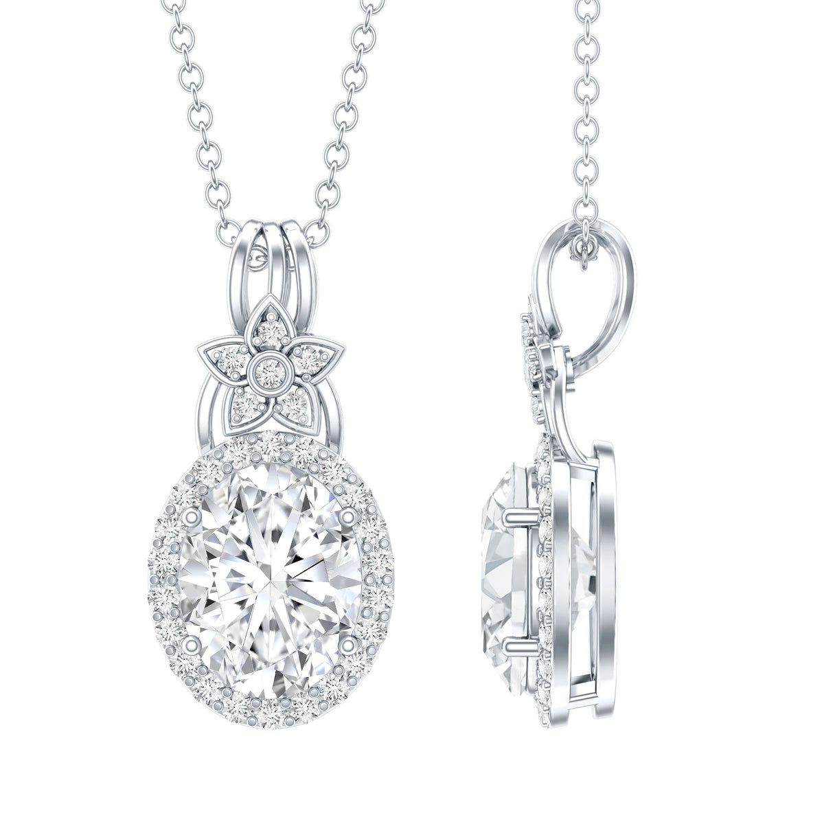 Moissanite Halo Necklace – Vintage Inspired Oval Pendant | 14k Gold Plated Silver Chain