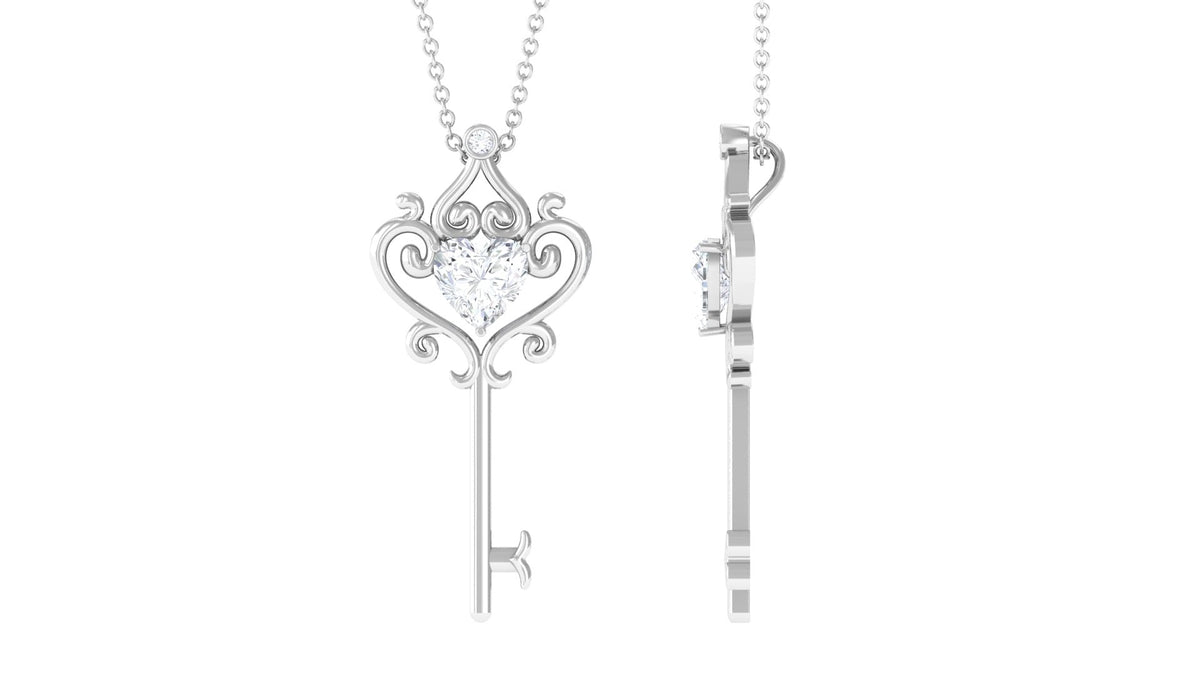 Moissanite Key Necklace – Vintage Heart Shape Pendant With Filigree Design