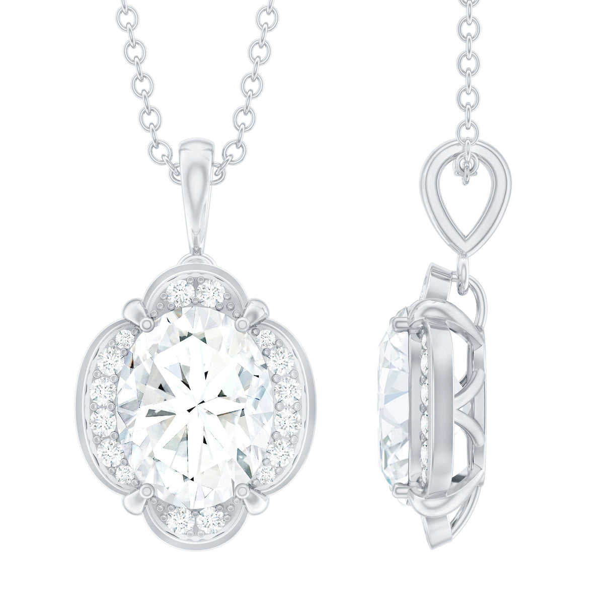 Moissanite Necklace - Vintage Art Deco Pendant With Oval Stone & Adjustable Silver Chain