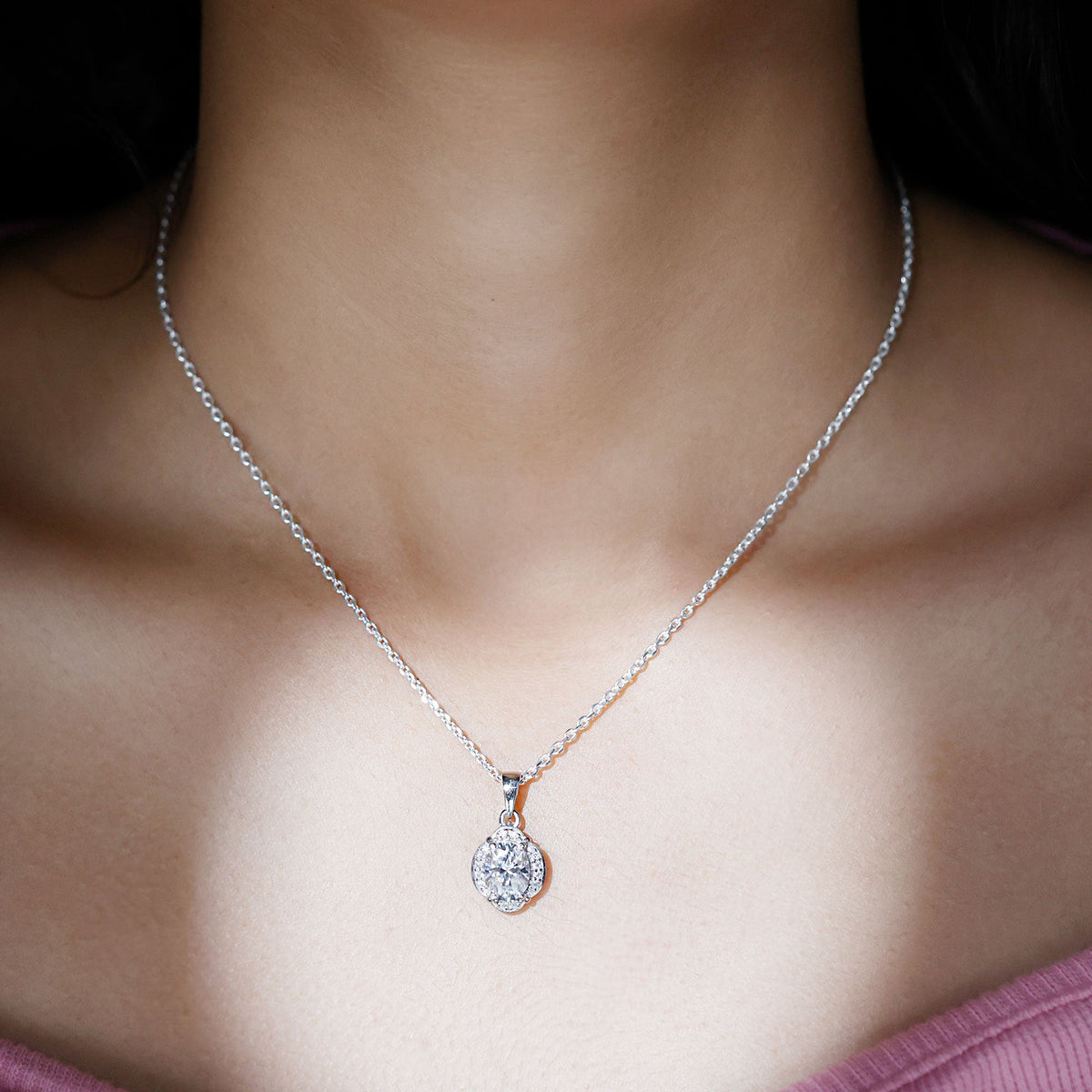 Moissanite Necklace - Vintage Art Deco Pendant With Oval Stone & Adjustable Silver Chain