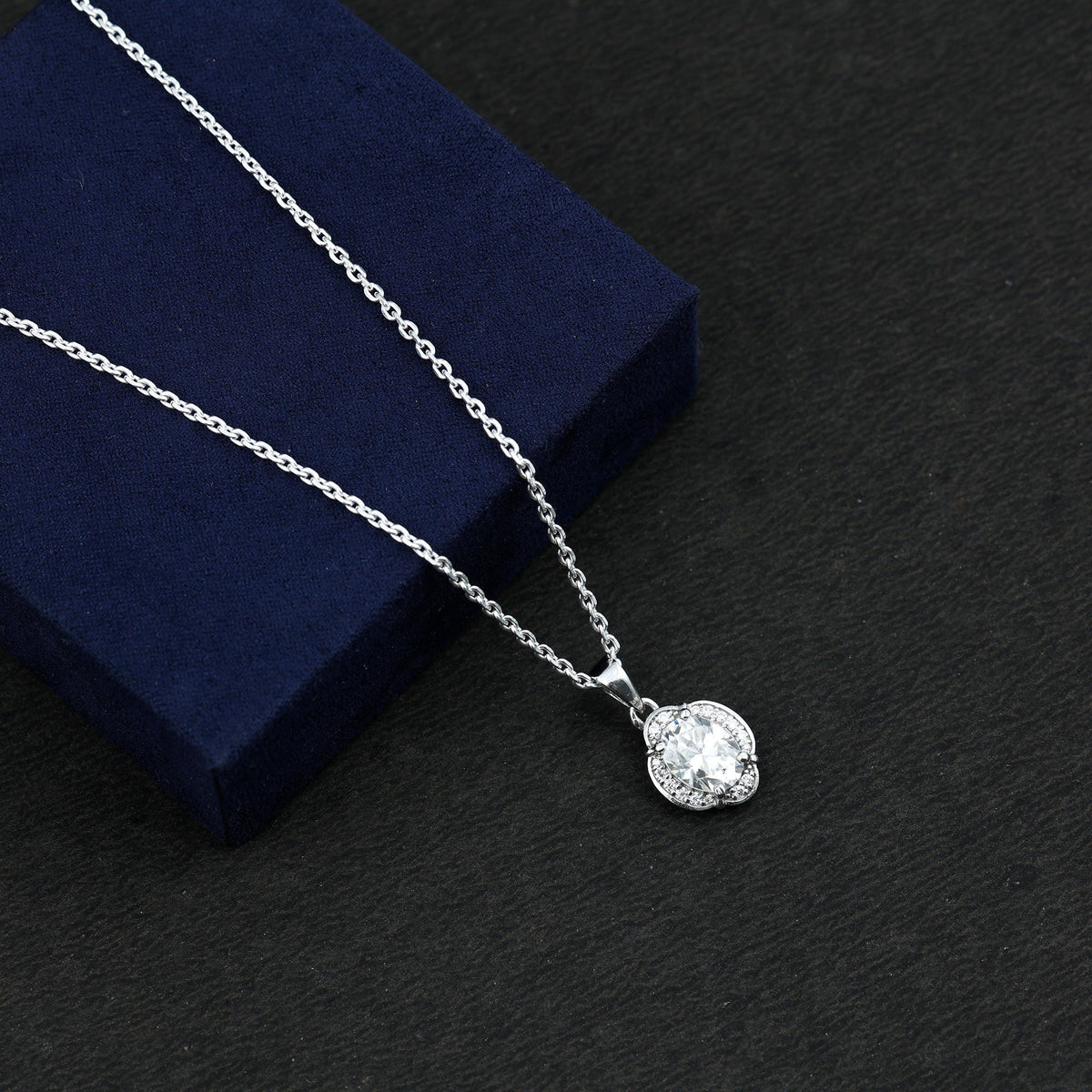 Moissanite Necklace - Vintage Art Deco Pendant With Oval Stone & Adjustable Silver Chain