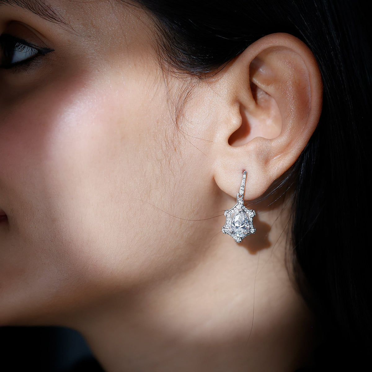 Moissanite Silver Earrings – Vintage Style Wedding Drop Earrings | 14k White Gold Plated