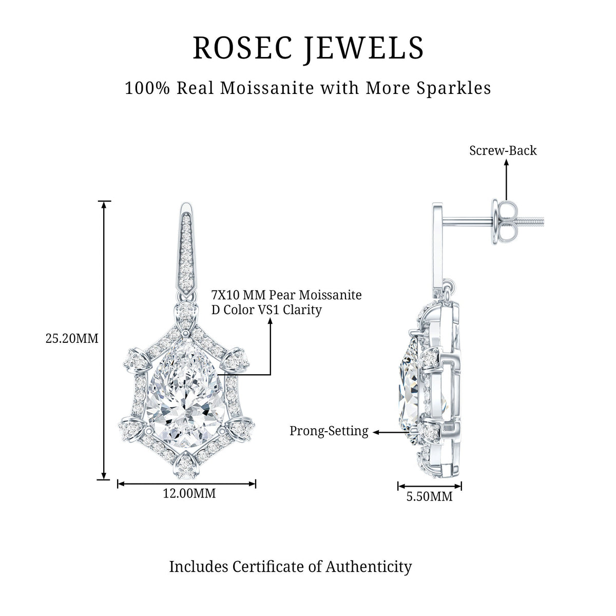 Moissanite Silver Earrings – Vintage Style Wedding Drop Earrings | 14k White Gold Plated