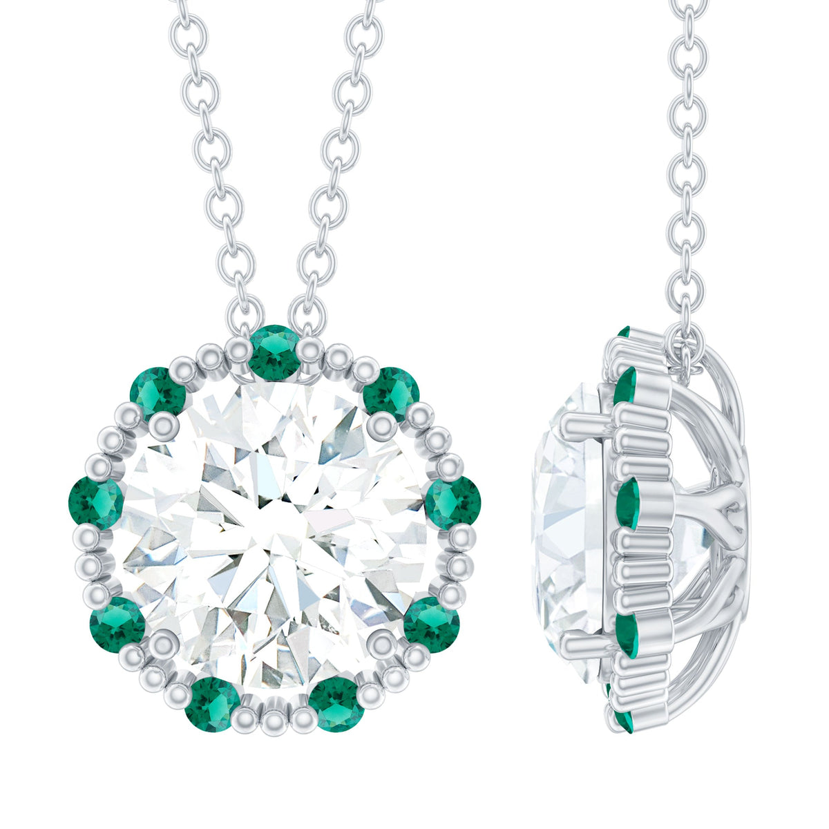 Moissanite Solitaire Pendant – Vintage Style 14K White Gold Plated Silver Necklace