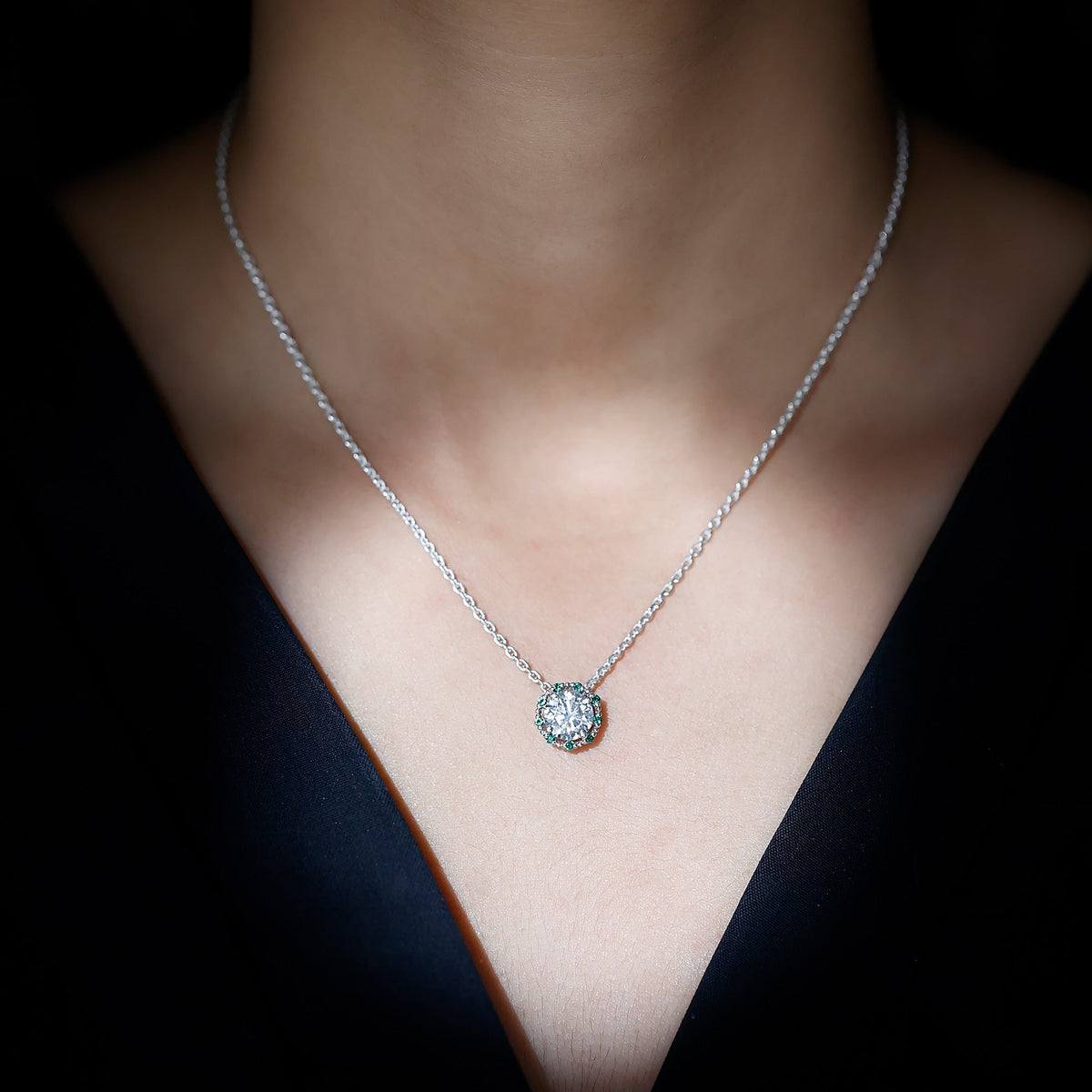 Moissanite Solitaire Pendant – Vintage Style 14K White Gold Plated Silver Necklace