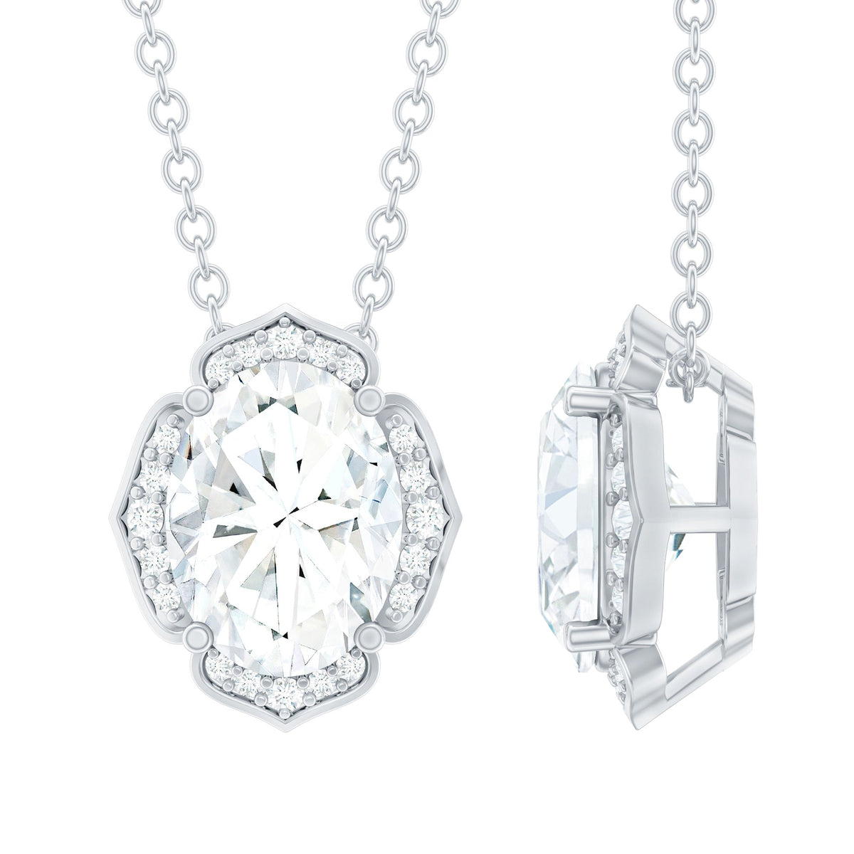 Moissanite Statement Necklace – Oval Pendant With Vintage Halo & Silver Chain