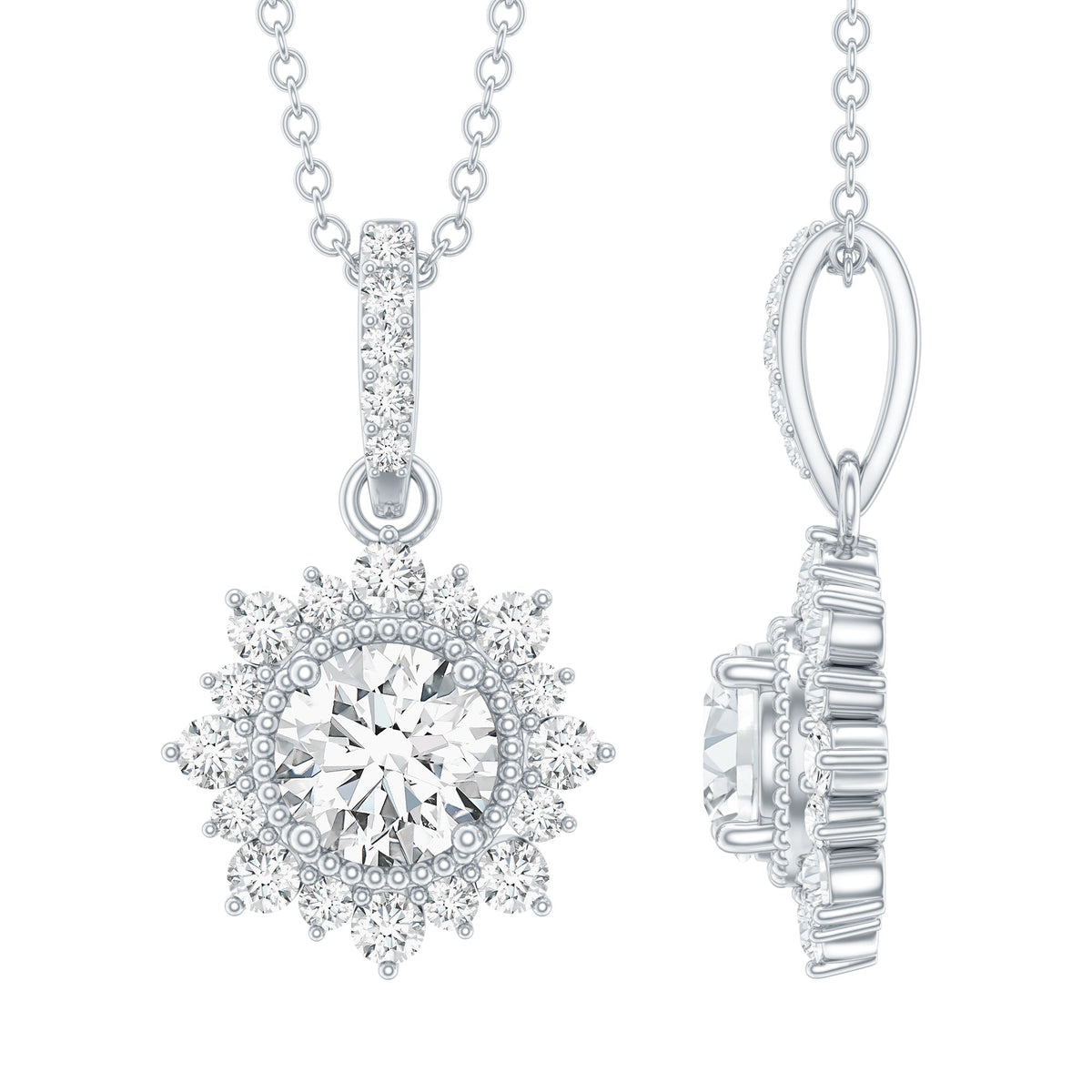 Moissanite Vintage Necklace – 1 Carat Round Cut Halo Pendant | Elegant Wedding Jewelry