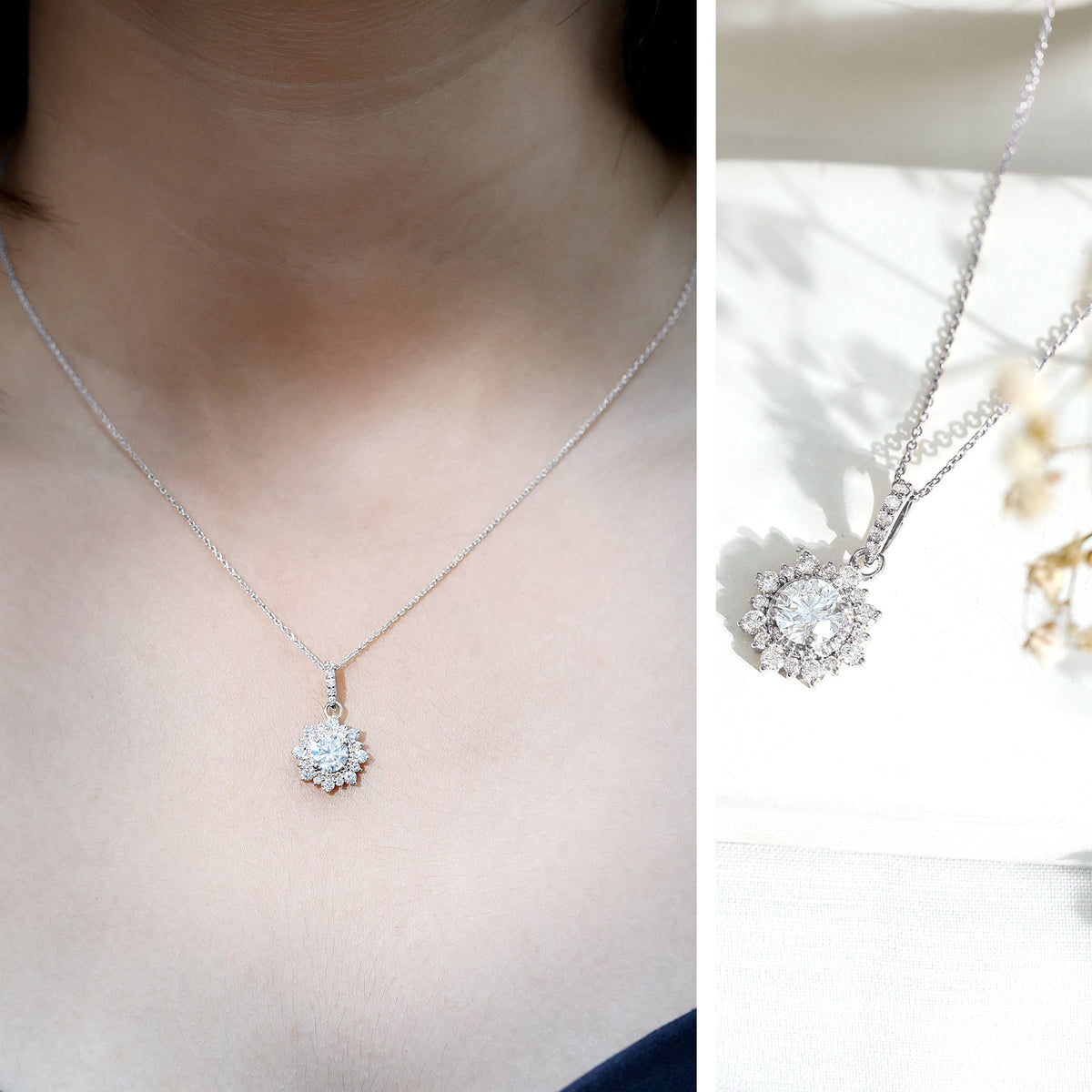 Moissanite Vintage Necklace – 1 Carat Round Cut Halo Pendant | Elegant Wedding Jewelry