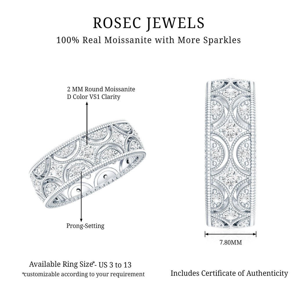 Moissanite Wedding Band – Vintage Wide Band Ring With Prong Setting Sparkle