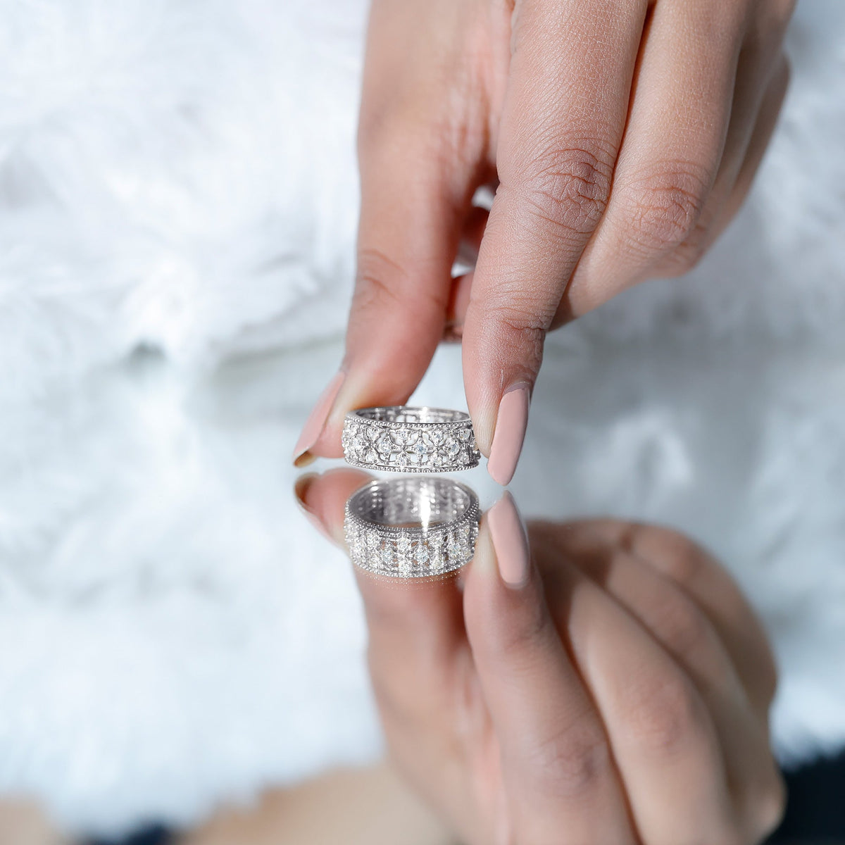 Moissanite Wedding Band – Vintage Wide Band Ring With Prong Setting Sparkle