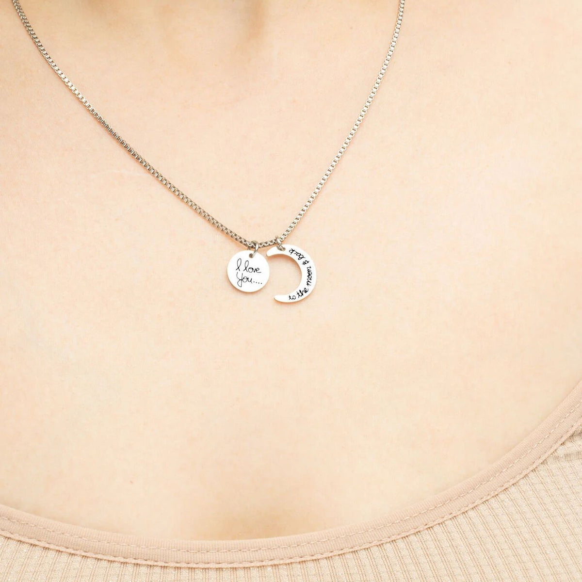 Moon And Back Necklace – Engraved Pendant With Crystal Charm | Stainless Steel Jewelry Gift