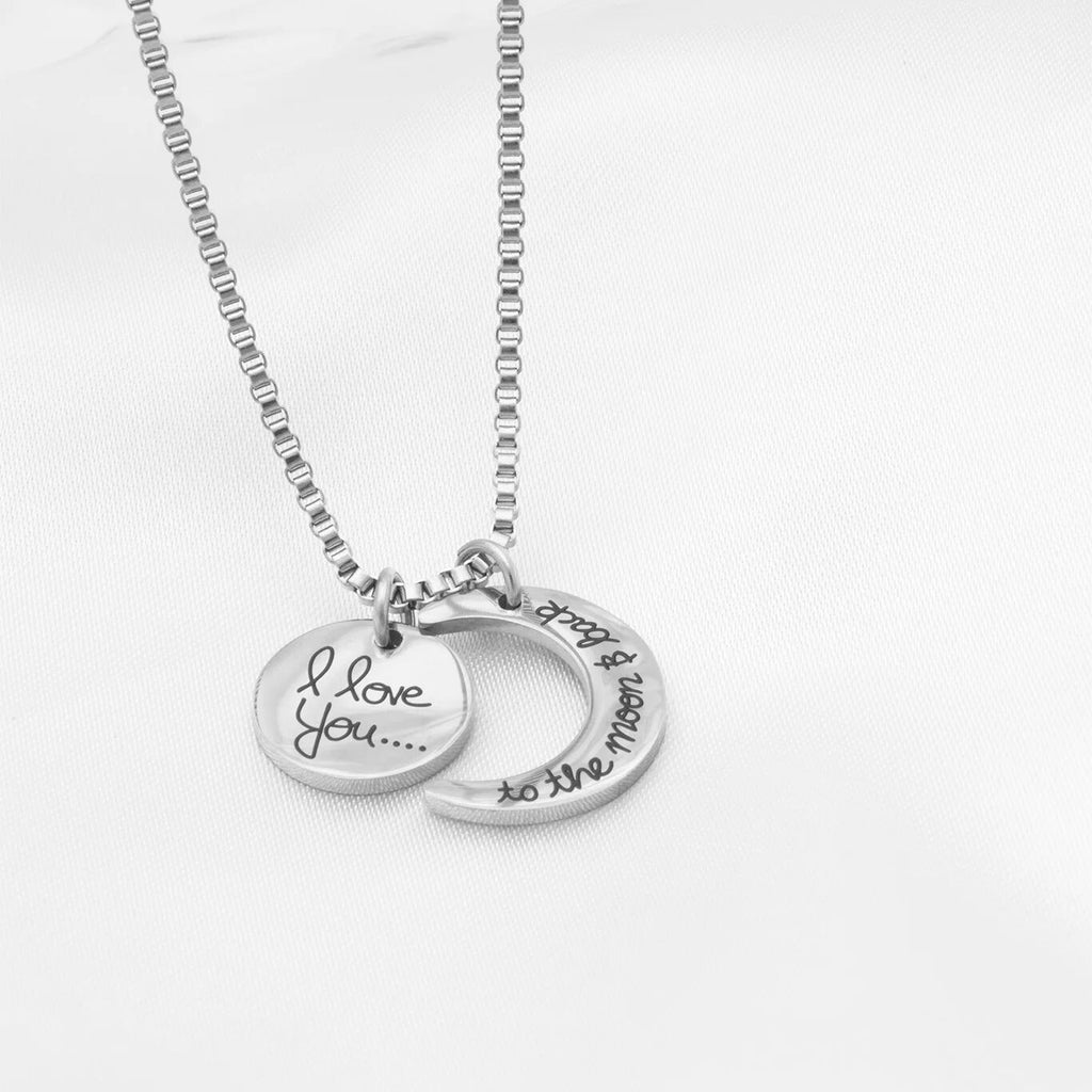 Moon And Back Necklace – Engraved Pendant With Crystal Charm | Stainless Steel Jewelry Gift