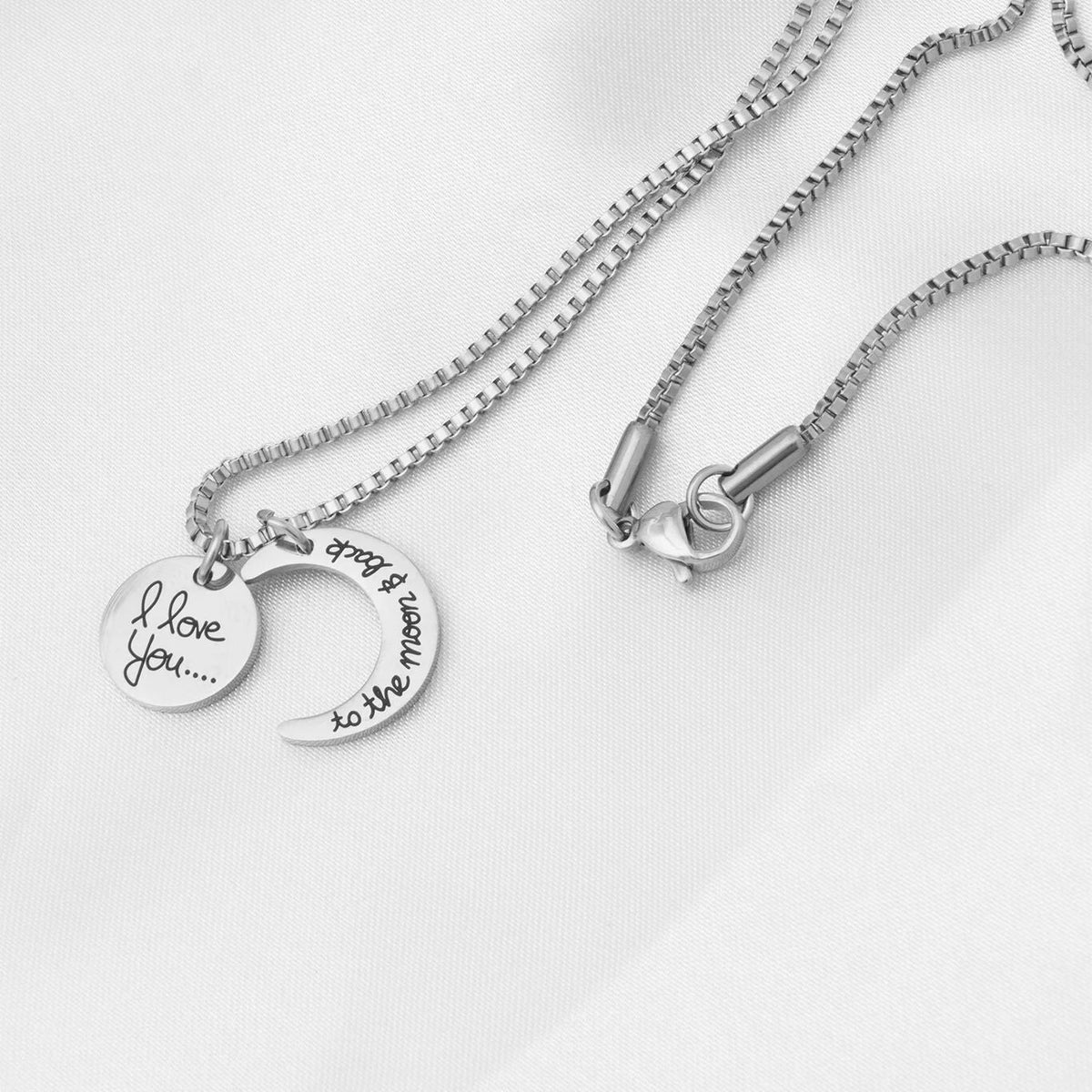 Moon And Back Necklace – Engraved Pendant With Crystal Charm | Stainless Steel Jewelry Gift