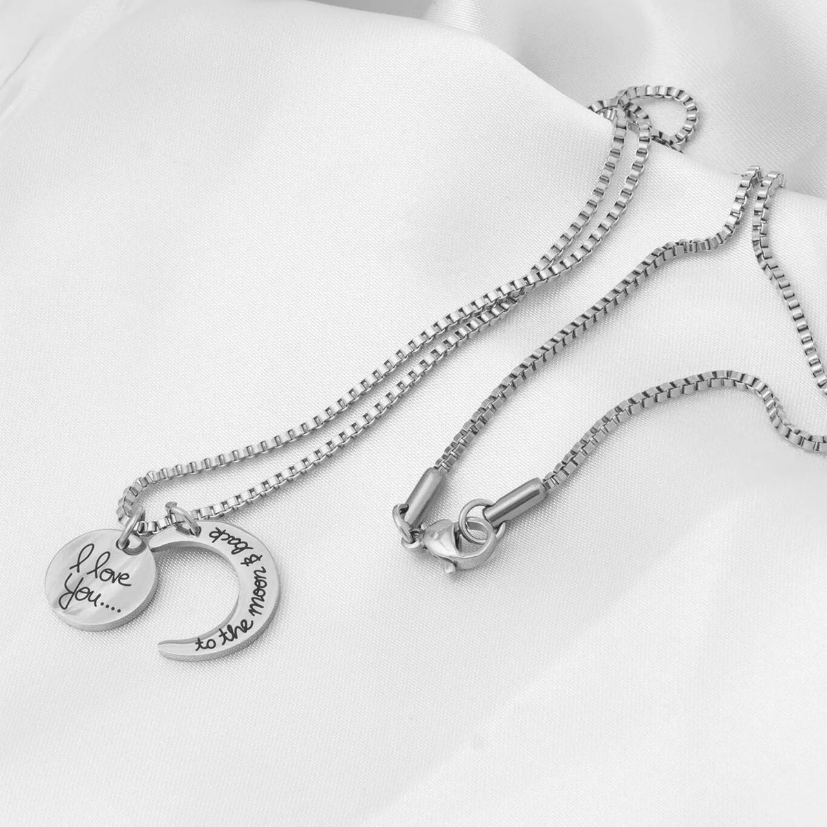 Moon And Back Necklace – Engraved Pendant With Crystal Charm | Stainless Steel Jewelry Gift