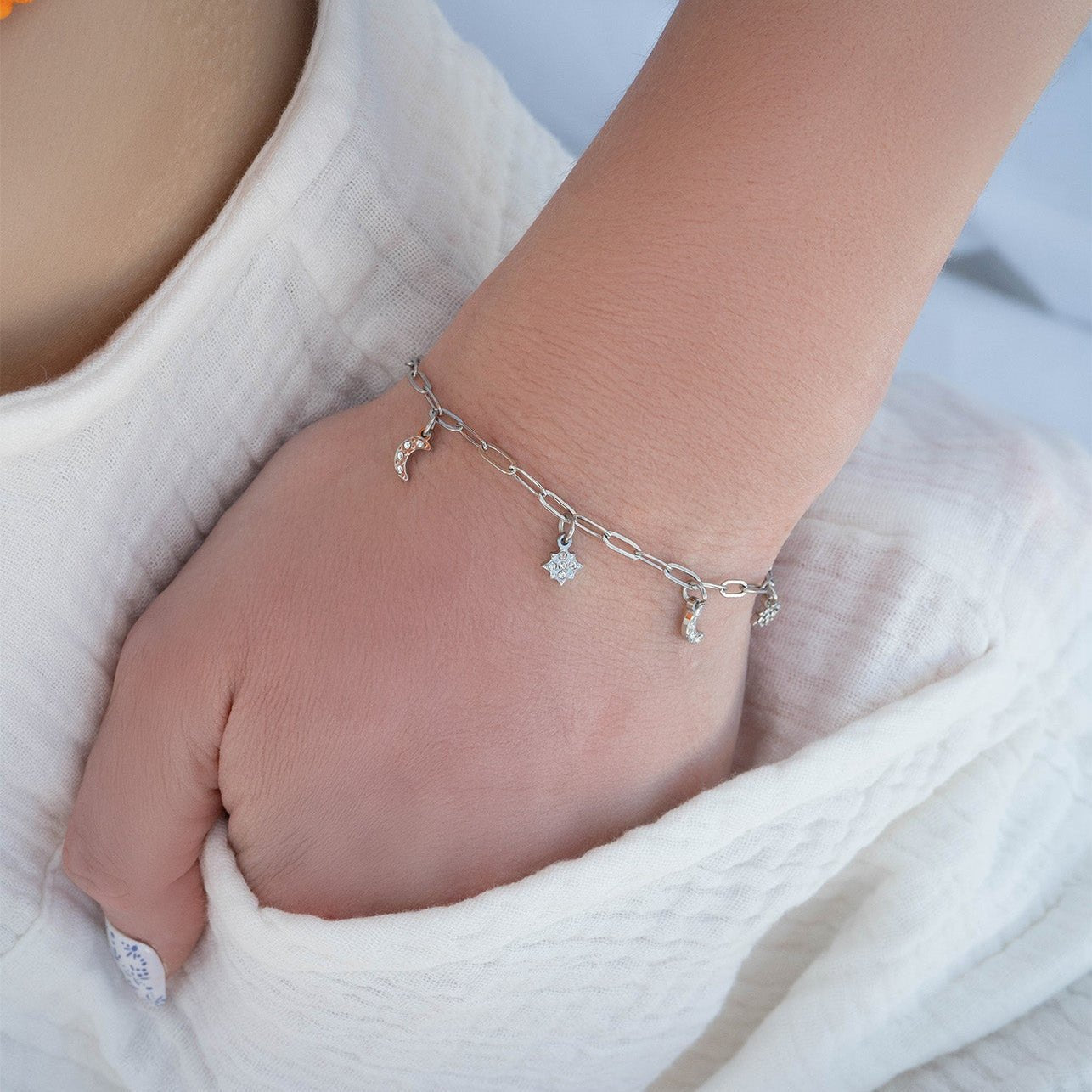 Moon Star Charm Bracelet – Stainless Steel Paperclip Chain with Crystals - | Sunflower Soul Boutique