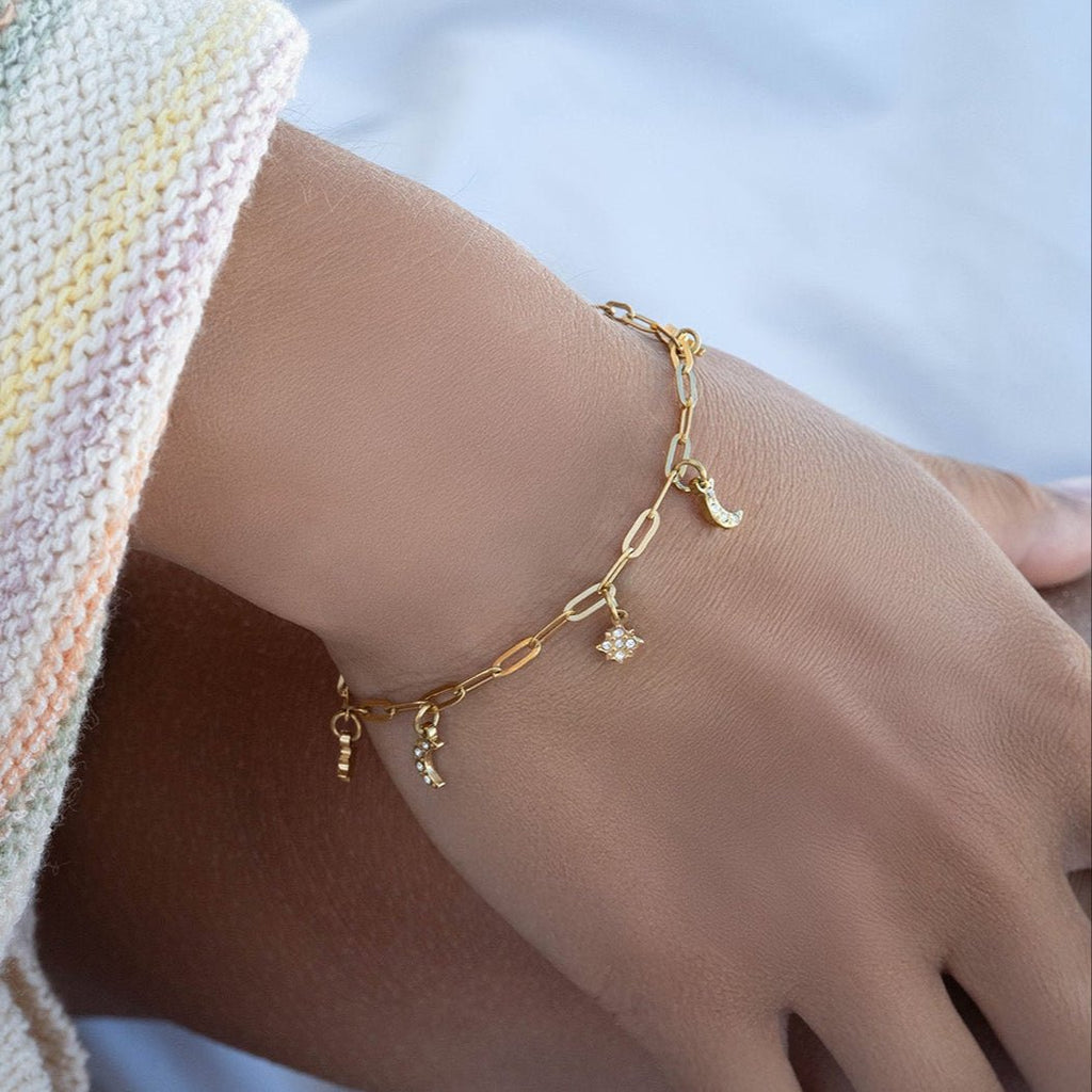 Moon Star Charm Bracelet – Stainless Steel Paperclip Chain with Crystals - | Sunflower Soul Boutique