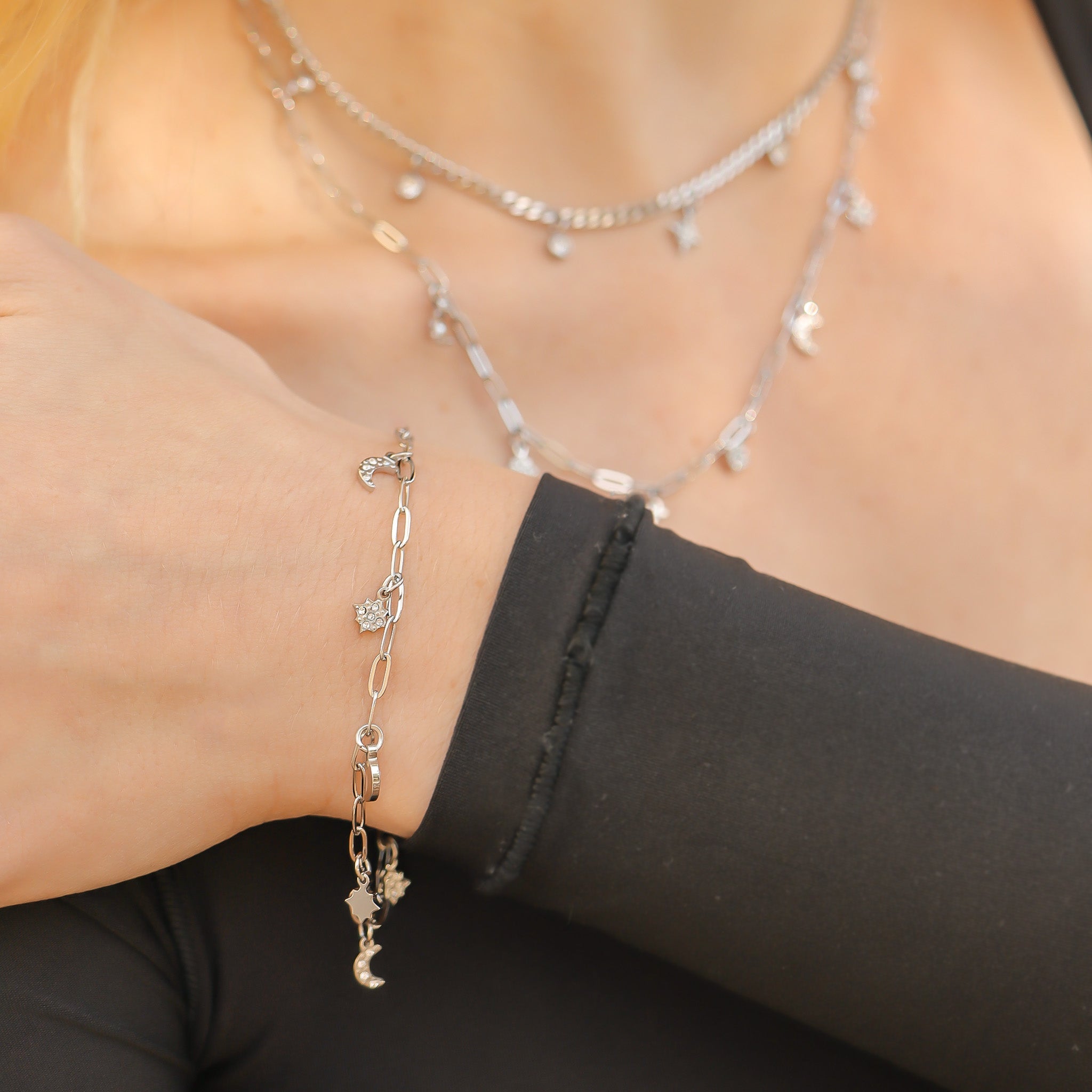 Moon Star Charm Bracelet – Stainless Steel Paperclip Chain with Crystals - | Sunflower Soul Boutique