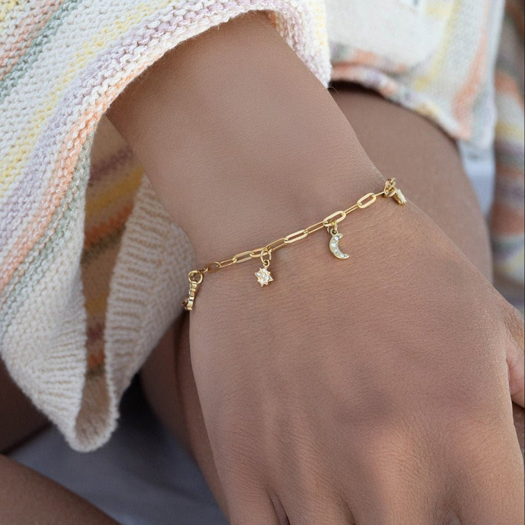 Moon Star Charm Bracelet – Stainless Steel Paperclip Chain with Crystals - | Sunflower Soul Boutique
