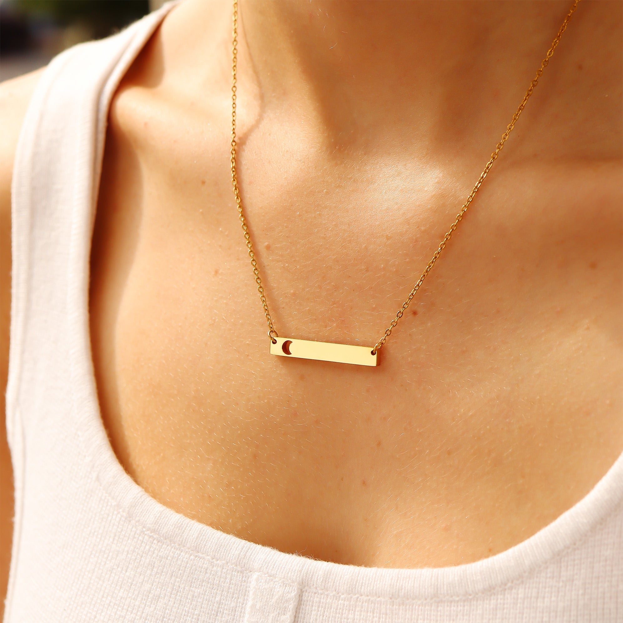 Moon Cutout Horizontal Stainless Steel Bar Necklace Lifestyle