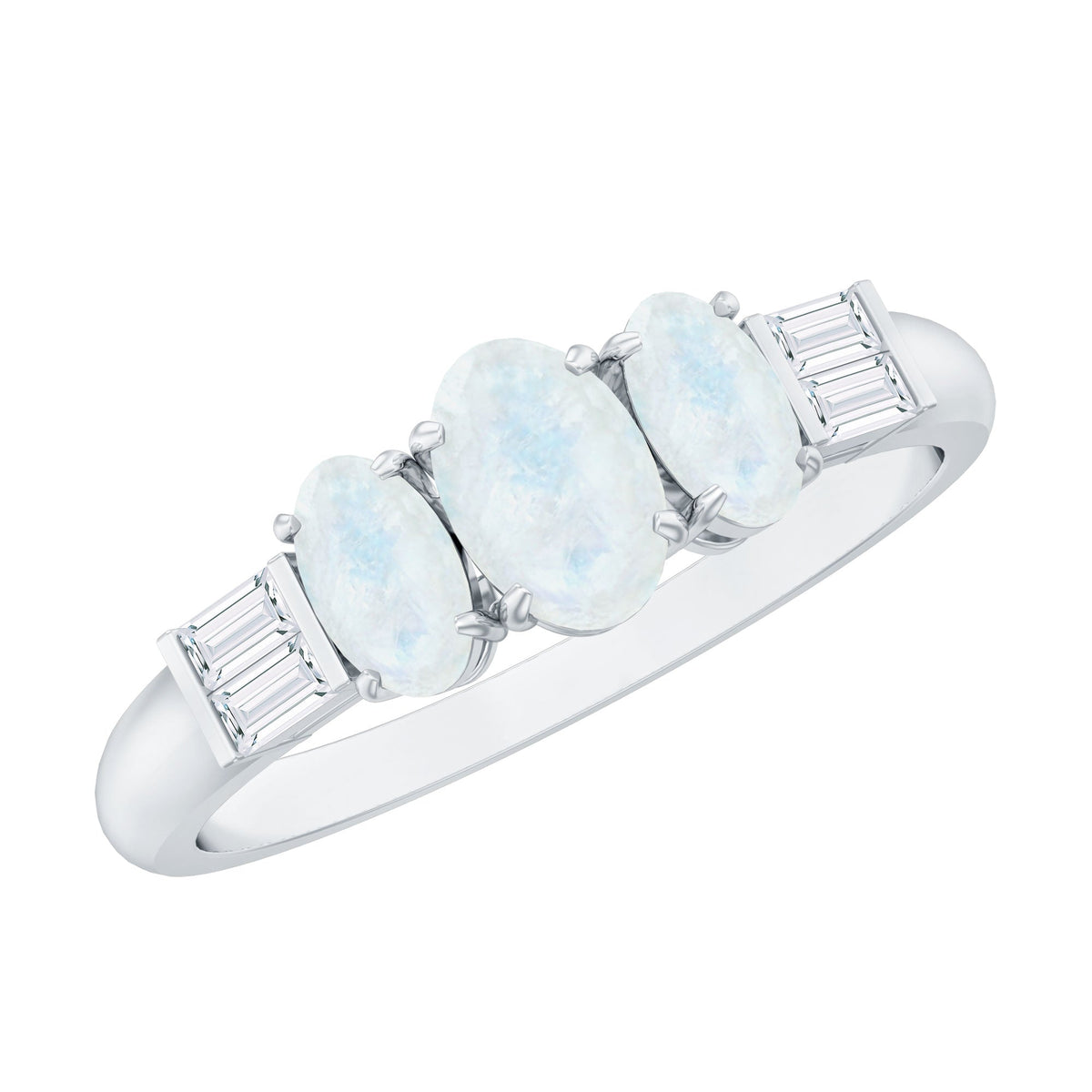 Moonstone Anniversary Ring – Oval Three Stone Ring with Baguette Diamond Accents