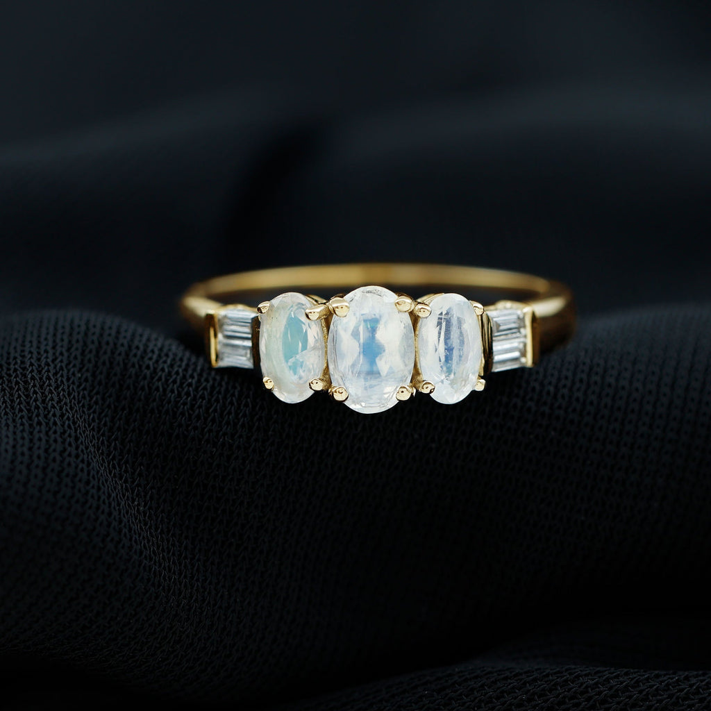 Moonstone Anniversary Ring – Oval Three Stone Ring with Baguette Diamond Accents