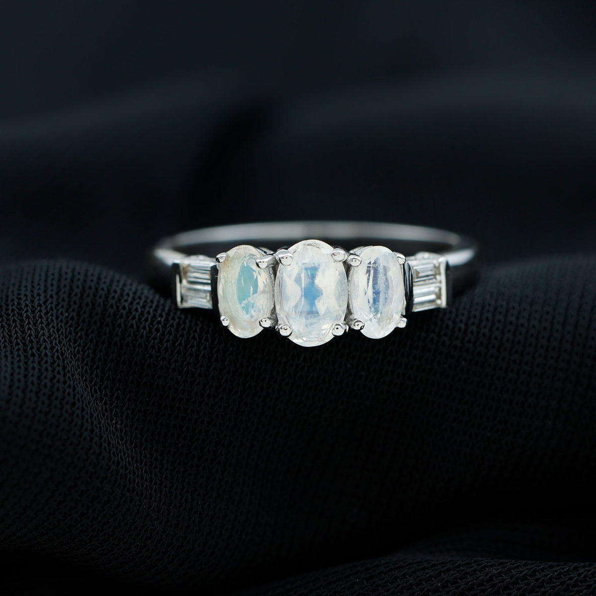 Moonstone Anniversary Ring – Oval Three Stone Ring with Baguette Diamond Accents