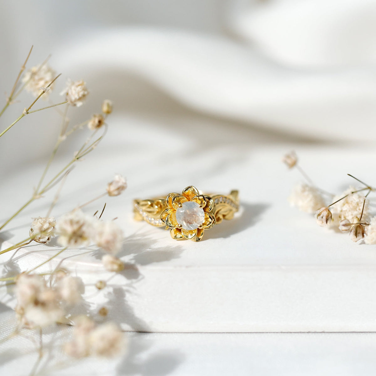 Moonstone Engagement Ring – Blooming Rose Band with Lab Grown Diamonds in 14k Gold