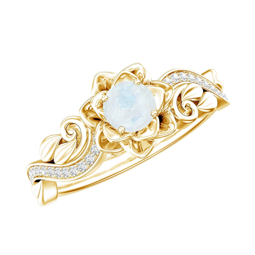 Moonstone Engagement Ring – Blooming Rose Band with Lab Grown Diamonds in 14k Gold