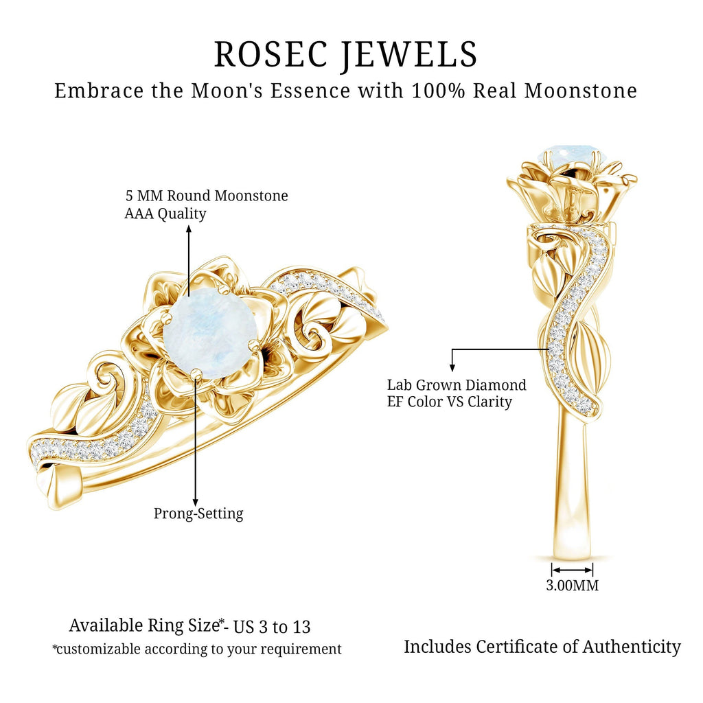 Moonstone Engagement Ring – Blooming Rose Band with Lab Grown Diamonds in 14k Gold