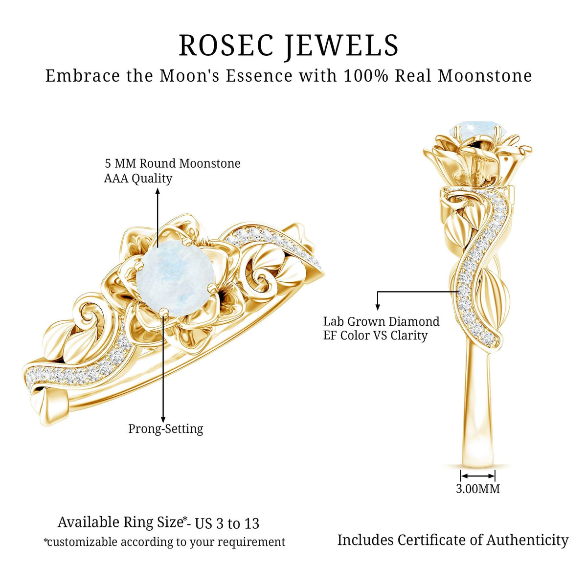 Moonstone Engagement Ring – Blooming Rose Band with Lab Grown Diamonds in 14k Gold