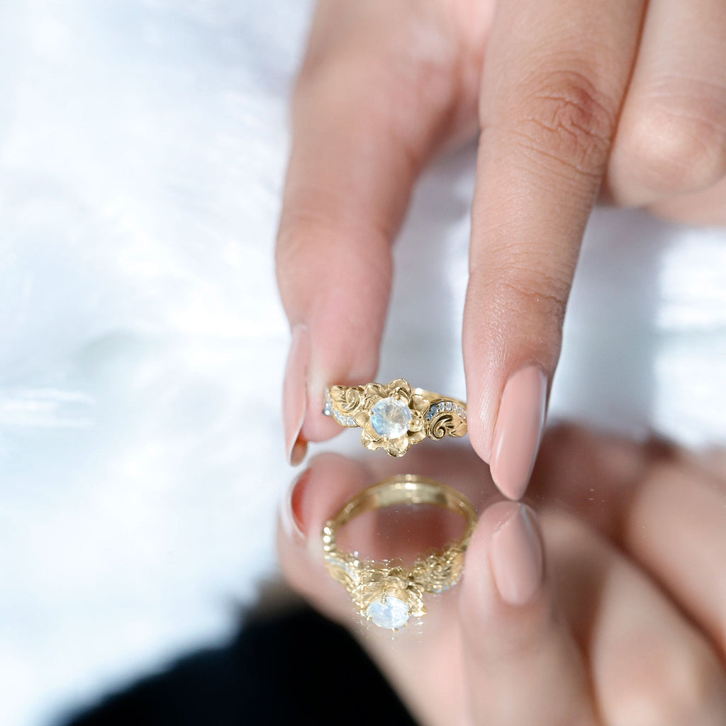 Moonstone Engagement Ring – Blooming Rose Band with Lab Grown Diamonds in 14k Gold