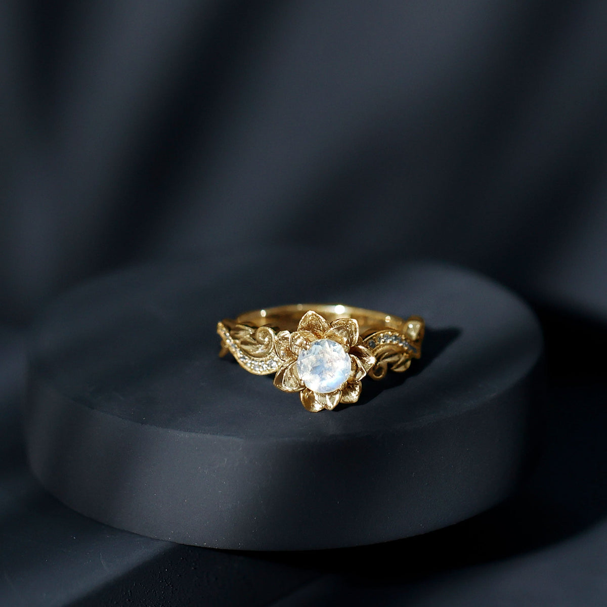 Moonstone Engagement Ring – Blooming Rose Band with Lab Grown Diamonds in 14k Gold