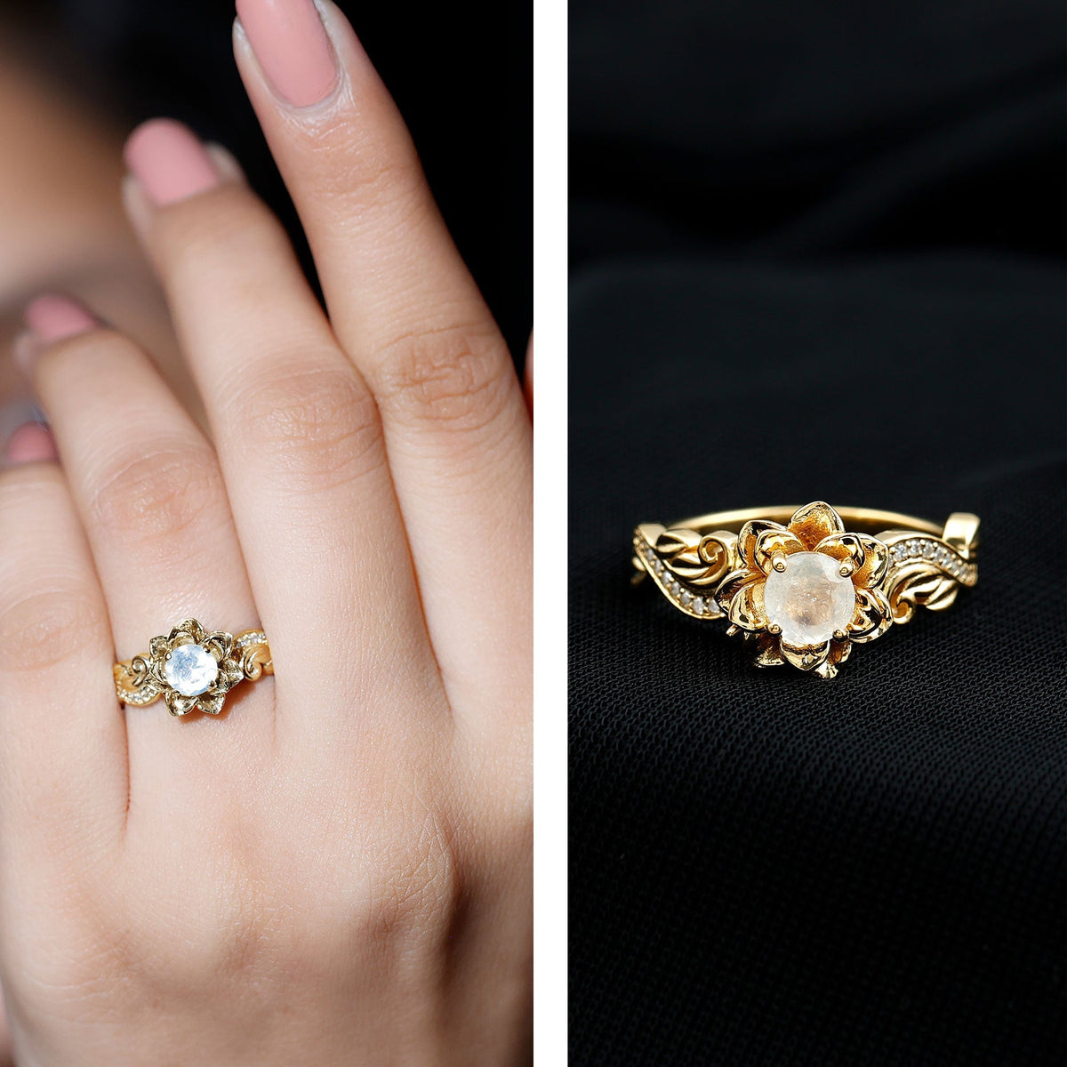Moonstone Engagement Ring – Blooming Rose Band with Lab Grown Diamonds in 14k Gold