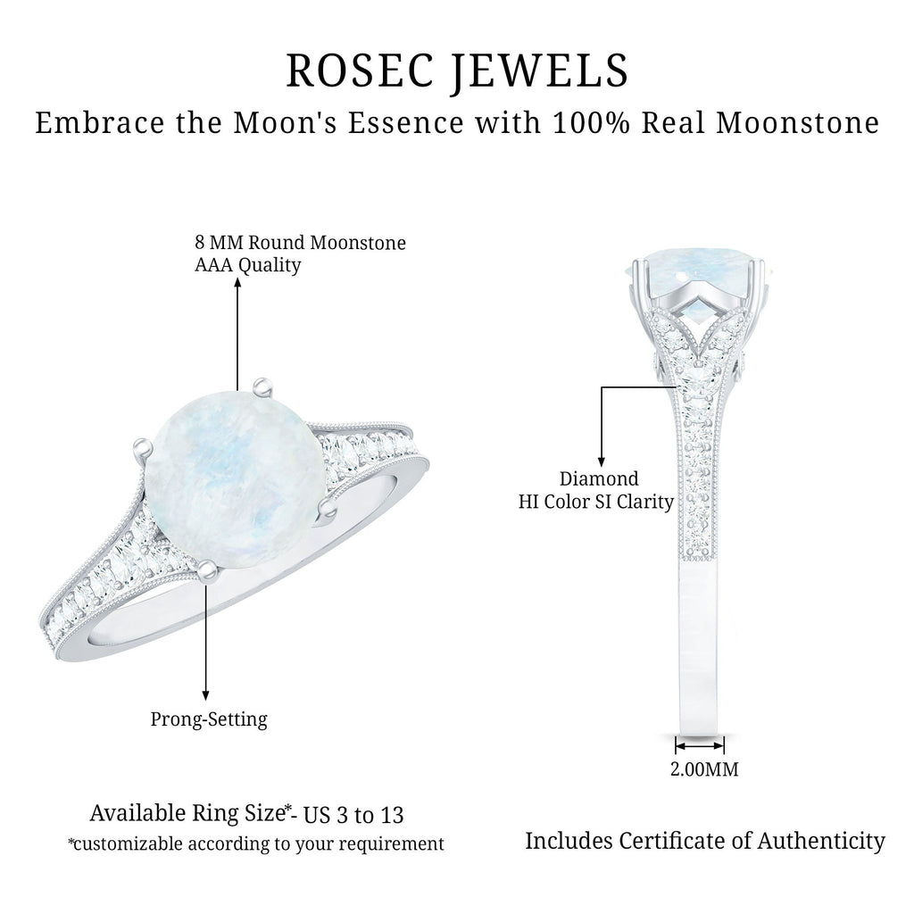 Moonstone Engagement Ring – Designer Classic Band with Diamond Side Stones