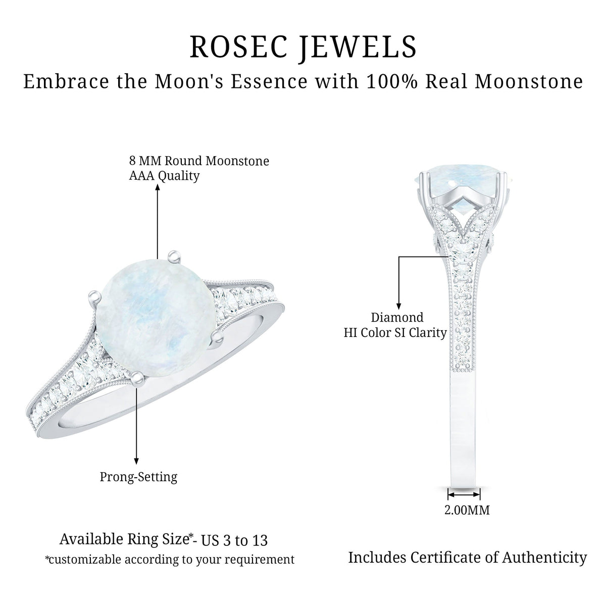 Moonstone Engagement Ring – Designer Classic Band with Diamond Side Stones