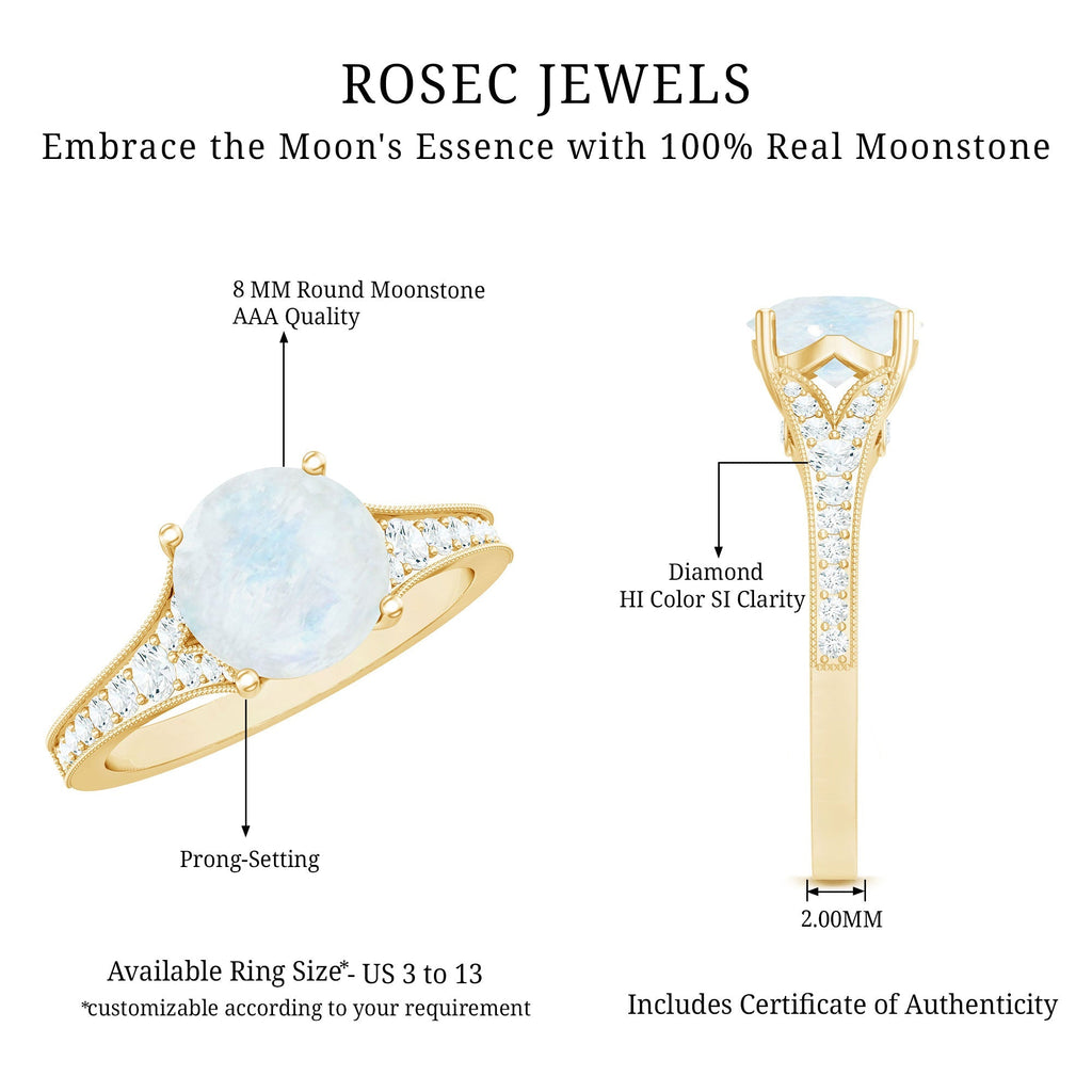 Moonstone Engagement Ring – Designer Classic Band with Diamond Side Stones