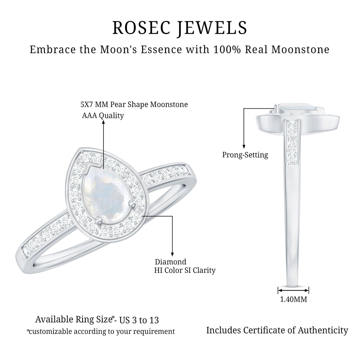 Moonstone Engagement Ring – Diamond Halo Ring | AAA Quality Prong Setting Band