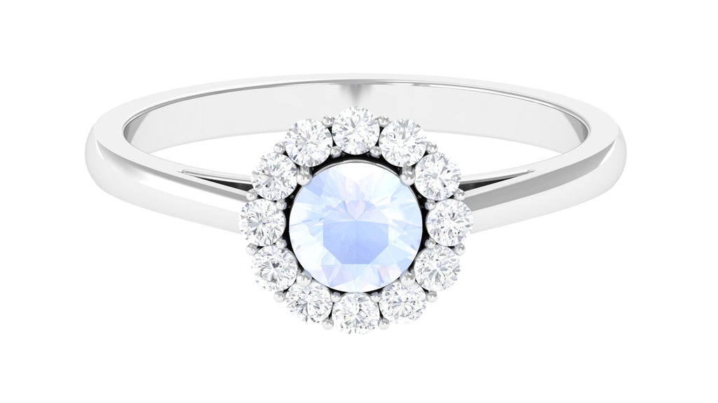 Moonstone Engagement Ring – Floating Halo Diamond Band in Solid Gold Design