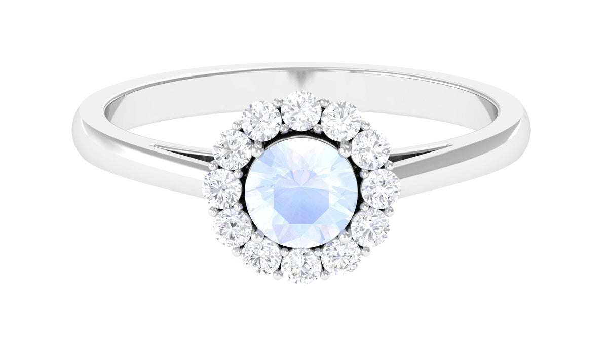 Moonstone Engagement Ring – Floating Halo Diamond Band in Solid Gold Design